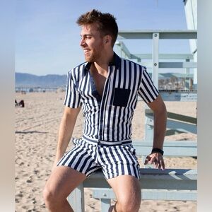 Rimperjack The Hampton Navy and White Striped Button-Up men’s  romper